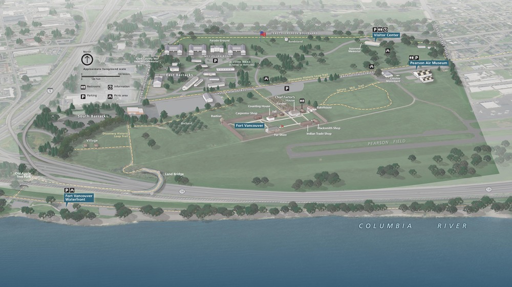 3D oblique map of Fort Vancouver National Historic Site in Washington. More than thirty buildings are separated by green expanses of grassy fields and trees, and the deep blue Columbia River runs parallel to the bottom edge of the map. 