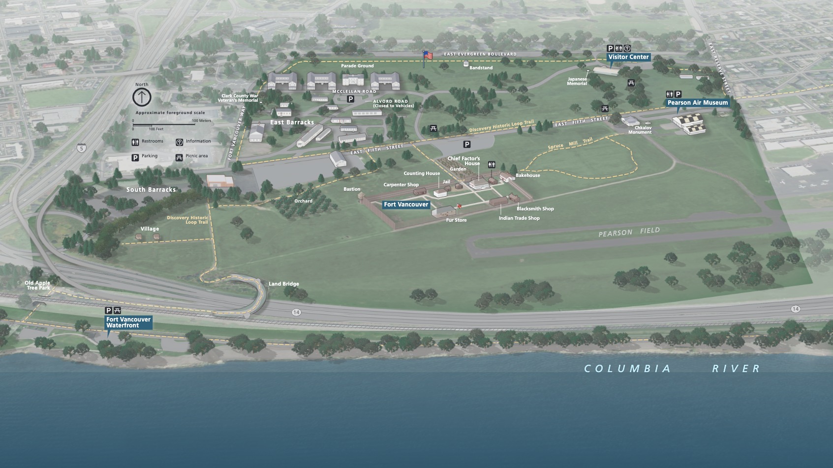 3D oblique map of Fort Vancouver National Historic Site in Washington. More than thirty buildings are separated by green expanses of grassy fields and trees, and the deep blue Columbia River runs parallel to the bottom edge of the map. 