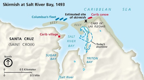 Map titled Skirmish at Salt River Bay, 1493 as it relates to Christiansted National Historic Site in the Virgin Islands. The tooth-shaped Salt River Bay cuts into the northern coastline of Santa Cruz (Saint Croix). Terrain is shown in beige and the Caribbean Sea in blue.