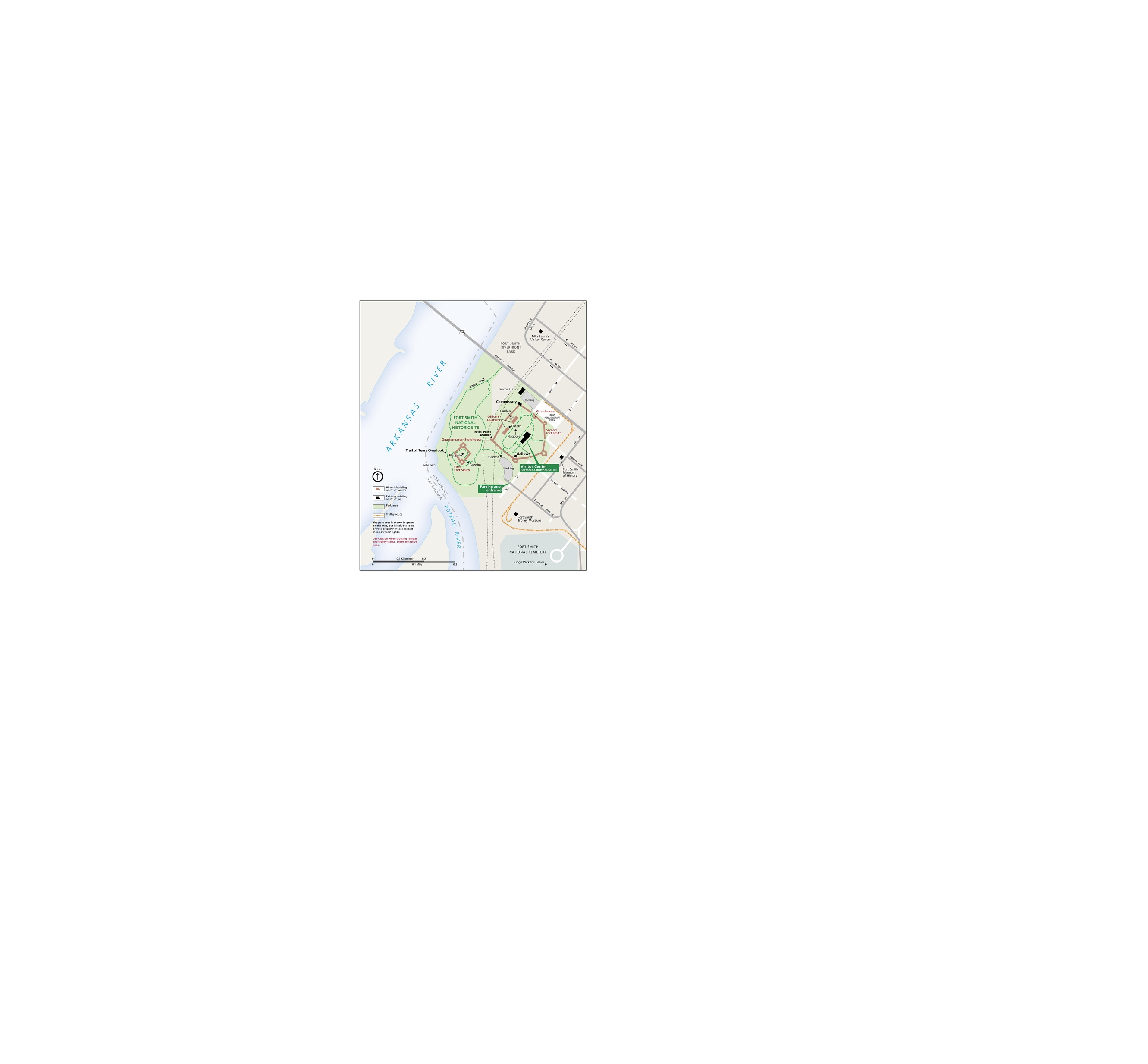 Map of Fort Smith National Historic Site in Arkansas. The Arkansas River takes up the left third of the map or so. The historic site is represented in green and surrounding areas in beige.