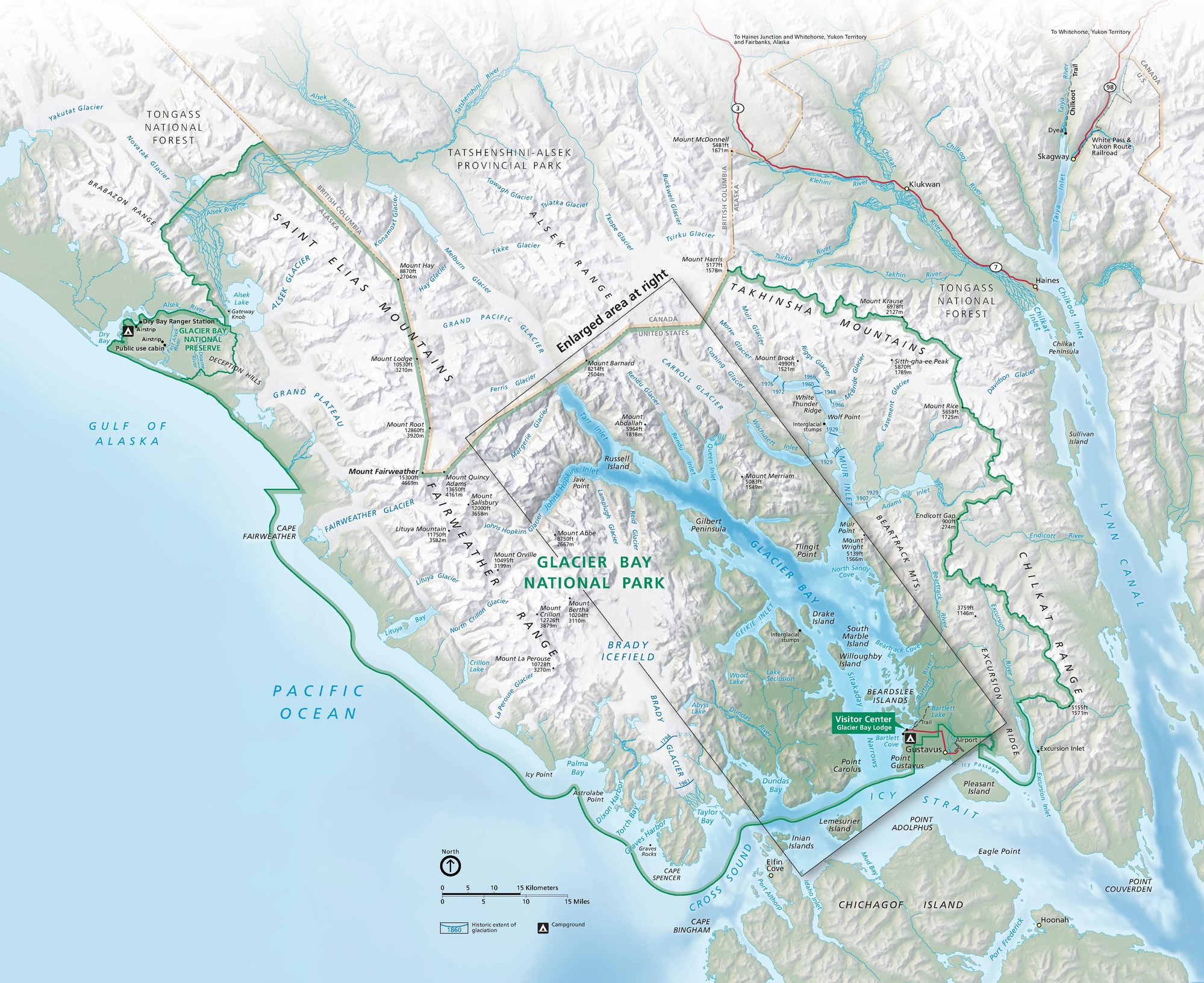 Map of Glacier Bay National Park and Preserve in Alaska along the Pacific coast. The blue waters of Glacier Bay cut into the park from the southeast, cleaving the mainland into two main arms with inlets making ragged borders. Dozens of mountains, glaciers, forests, peaks, islands, waterways, and other points are labeled in and around the park.