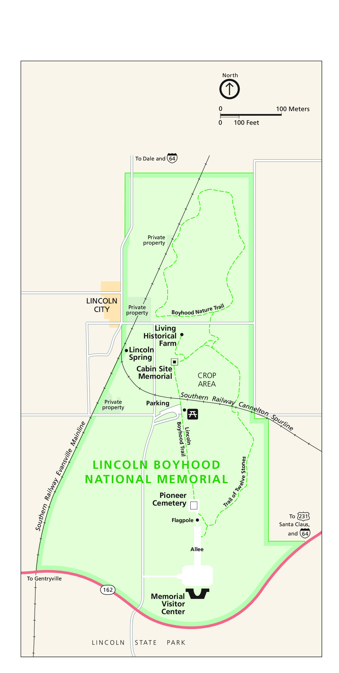 Map of the Lincoln Boyhood National Memorial in Indiana. The park is shown in green, surrounding areas in tan, roads in red or white, and the town of Lincoln City in yellow.