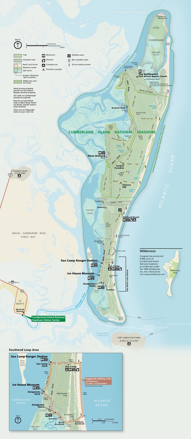 Map of Cumberland Island National Seashore in Georgia. The park is a long, thin island off Georgia’s Atlantic coast, just above the Florida state line. A tall section in the center of the park is wilderness.