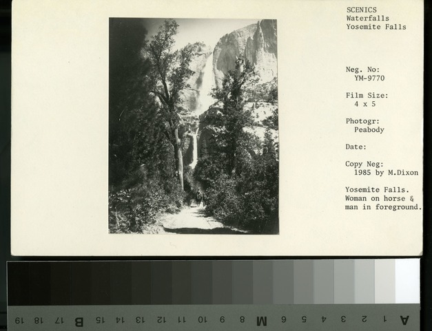 Yosemite Falls. Woman on horse & man in foreground. Copied 1985 by Michael Dixon.