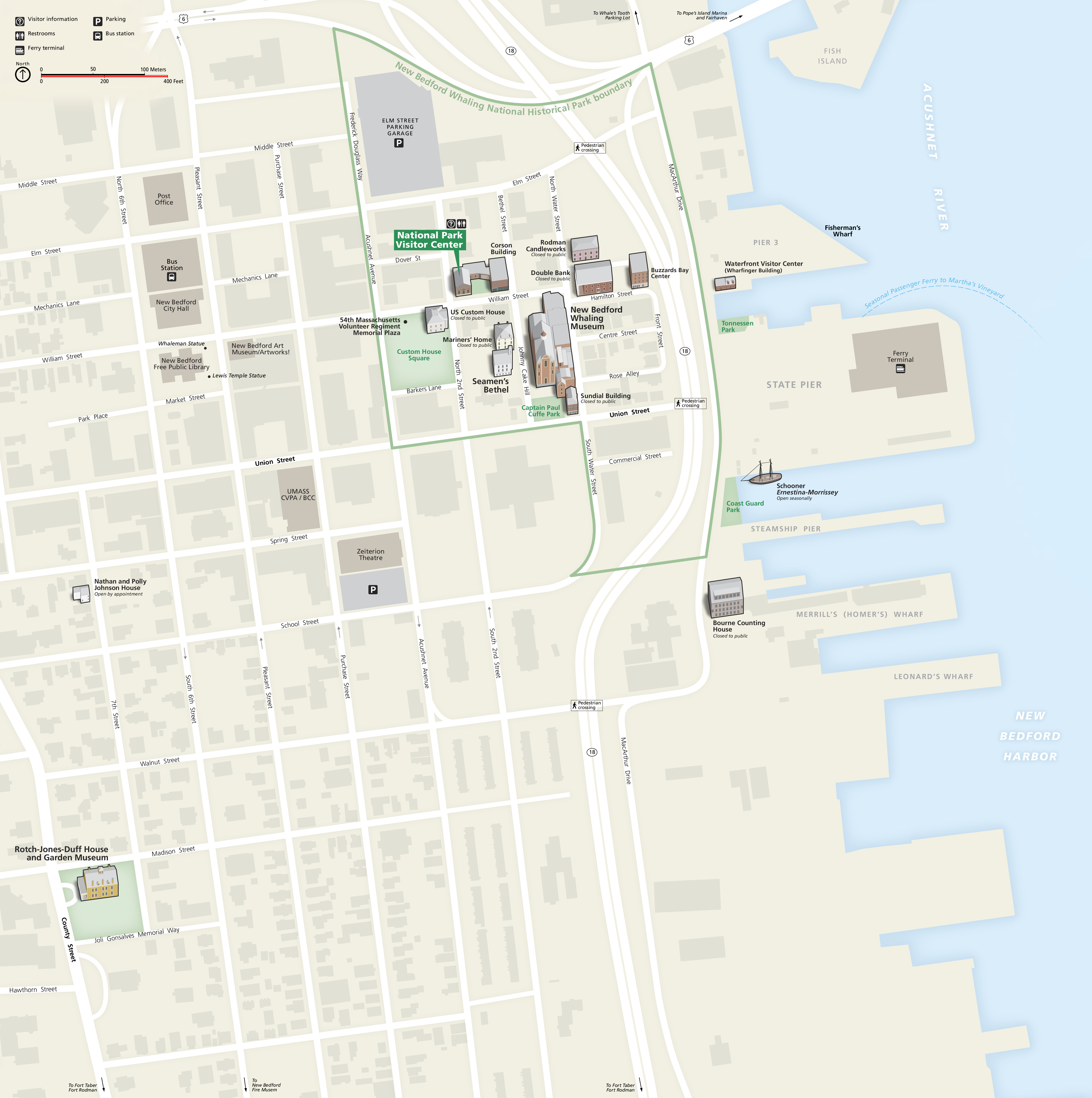 Map of Salem Maritime National Historic Site and surrounding areas in Massachusetts. The jagged coastline cuts into and curves around Salem, Beverly, and Marblehead. The land is shown in tan, water in blue, and park areas in green.