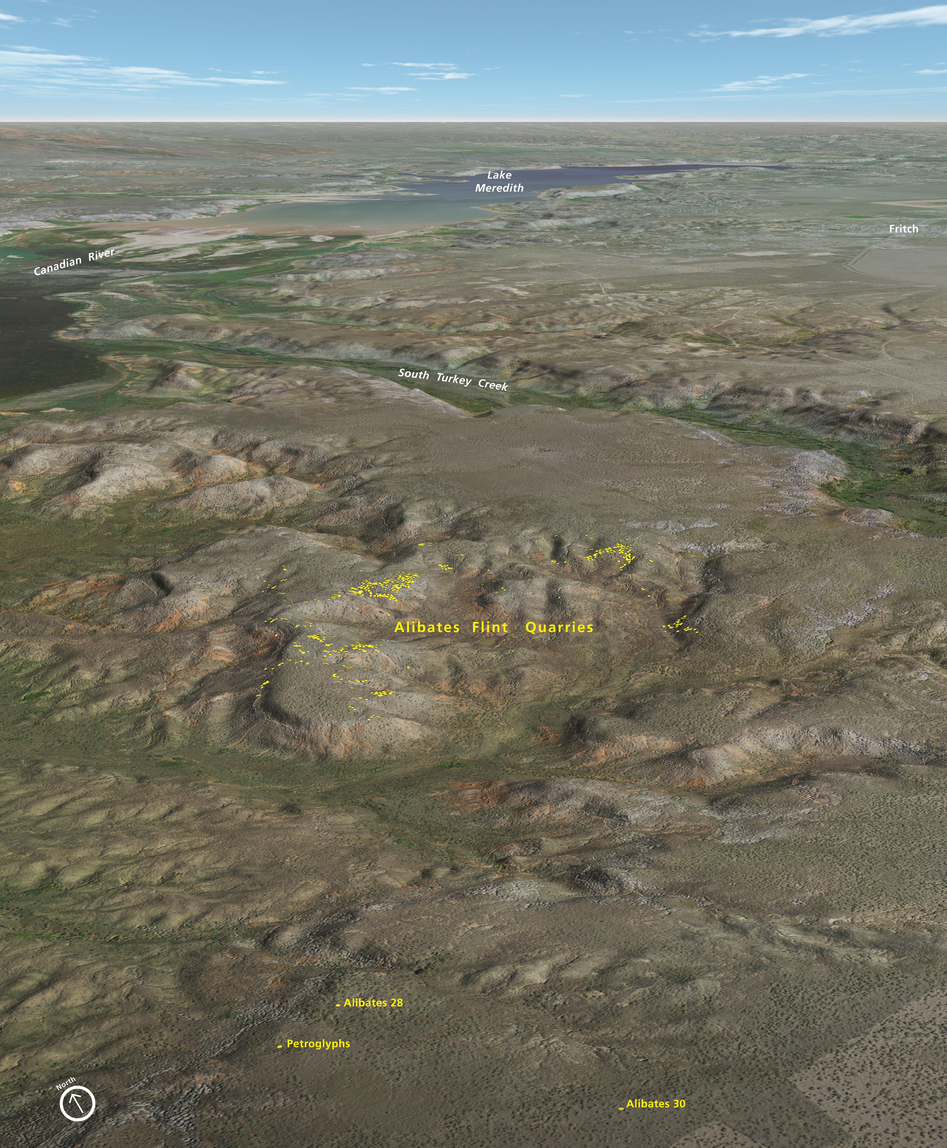 3D rendering of Alibates Flint Quarries National Monument in Texas. The rocky quarries stretch back to South Turkey Creek and then the Canadian River, Lake Meredith, and Fritch in the distance.