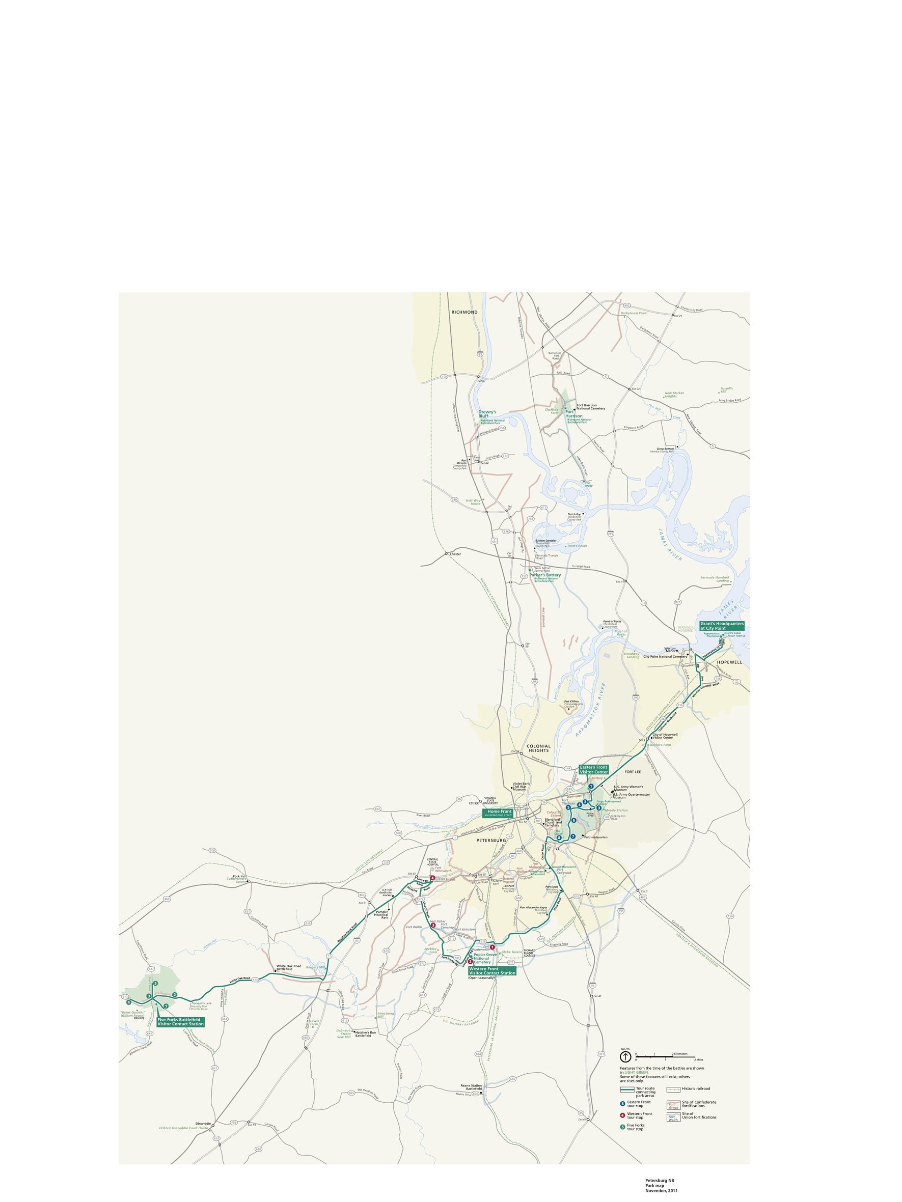 Map of the tour route in Petersburg National Battlefield in Virginia. The tour route stretches from the James River in the city of Petersburg to the east to Courthouse Road to the west and is represented by a thick green line. The rest of the map is tan and yellow with gray lines representing highways.