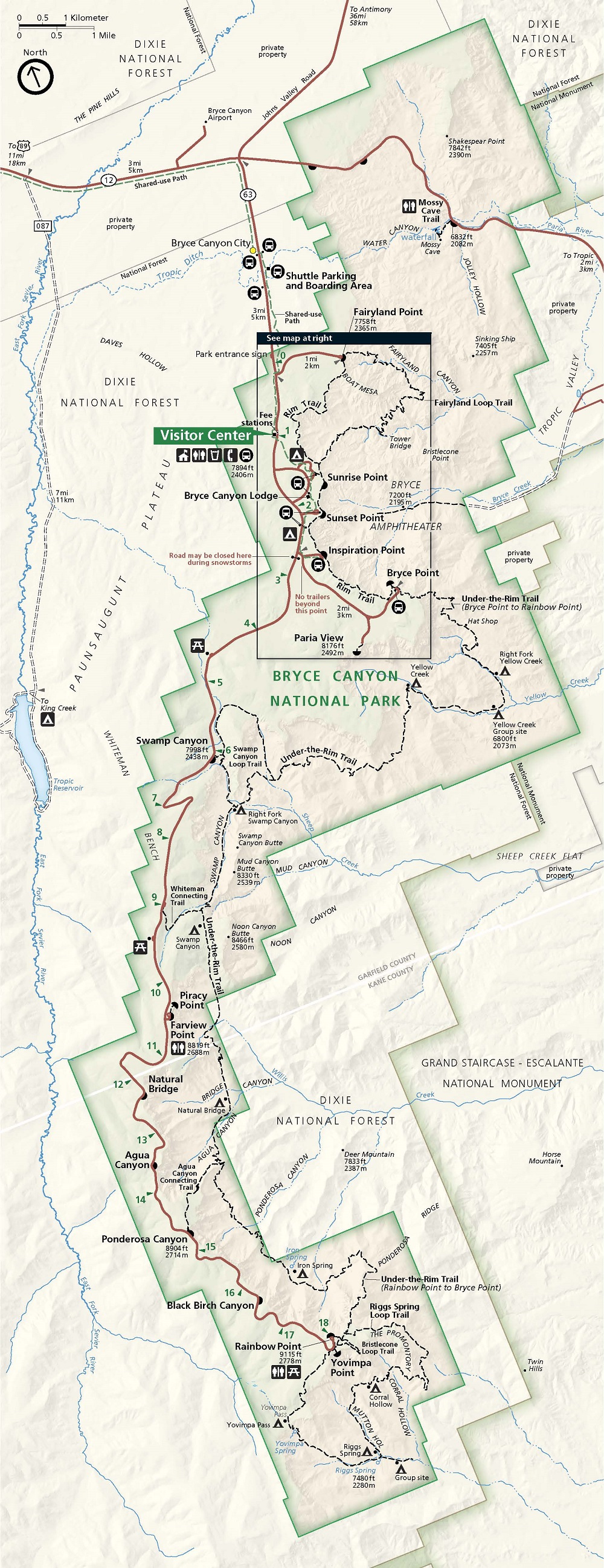 Map of Bryce Canyon National Park in Utah. The long and narrow park land is enclosed in a green border with tiered, staircase-like edges that interrupt the beige landscape. A long river runs down the left side of the map, and about a dozen creeks wind through the park.