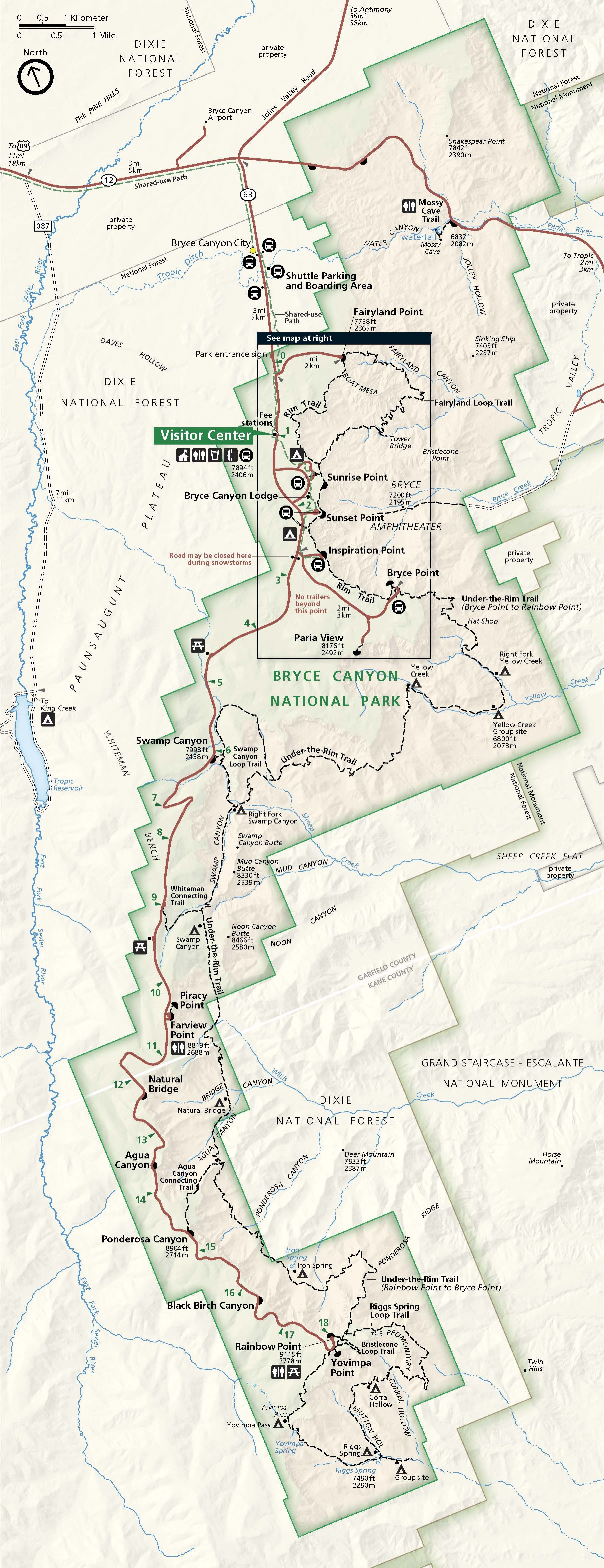 Map of Bryce Canyon National Park in Utah. The long and narrow park land is enclosed in a green border with tiered, staircase-like edges that interrupt the beige landscape. A long river runs down the left side of the map, and about a dozen creeks wind through the park.