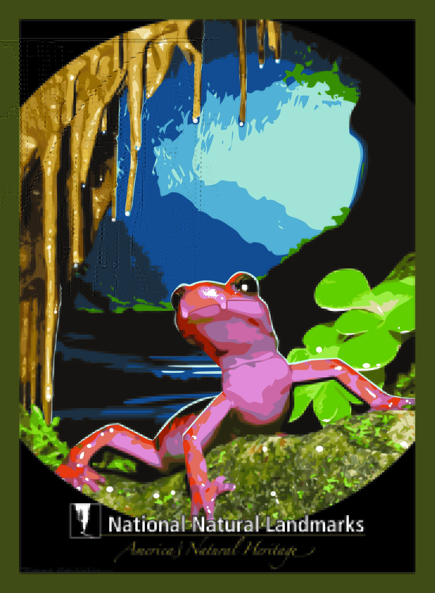 Artwork of red salamander in cave entrance.