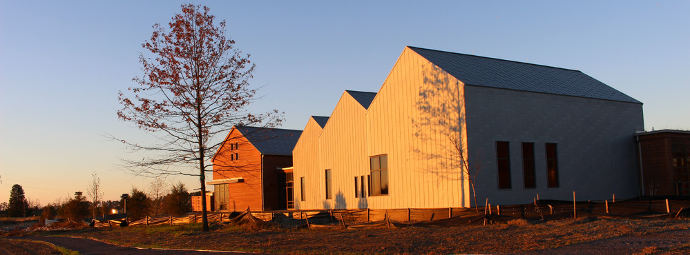 Sun shining on the back of four barn-like structures joined together as the Harriet Tubman Underground Railroad Visitor Center. 
