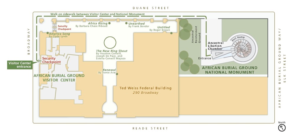 Map of African Burial Ground National Monument and the neighboring Ted Weiss Federal Building at 290 Broadway in New York. The monument in the upper right corner is shaded green, and the adjoining building is yellow.