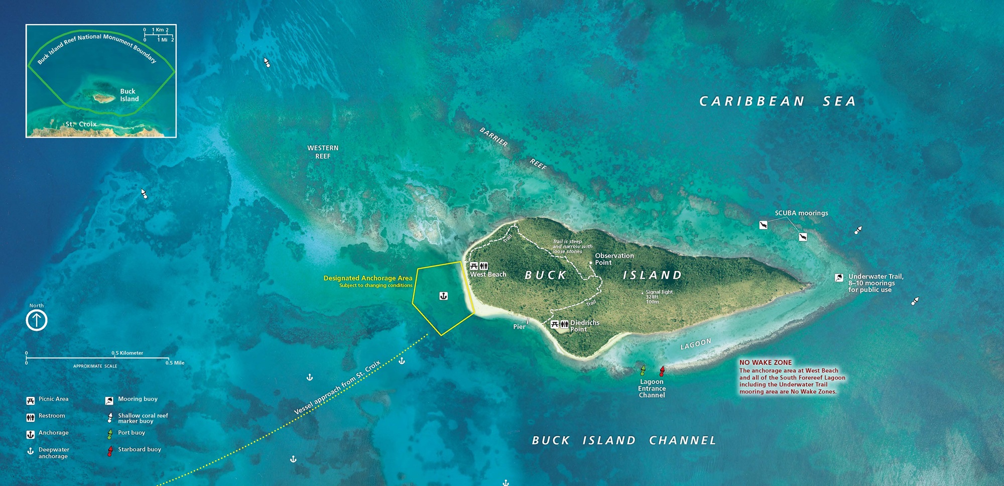 3D map of Buck Island Reef National Monument above St. Croix in the Virgin Islands. The sideways-teardrop-shaped island is shaded green with a white-lined shore, surrounded by a wide blue-green swath of the Caribbean Sea and the Buck Island Channel.