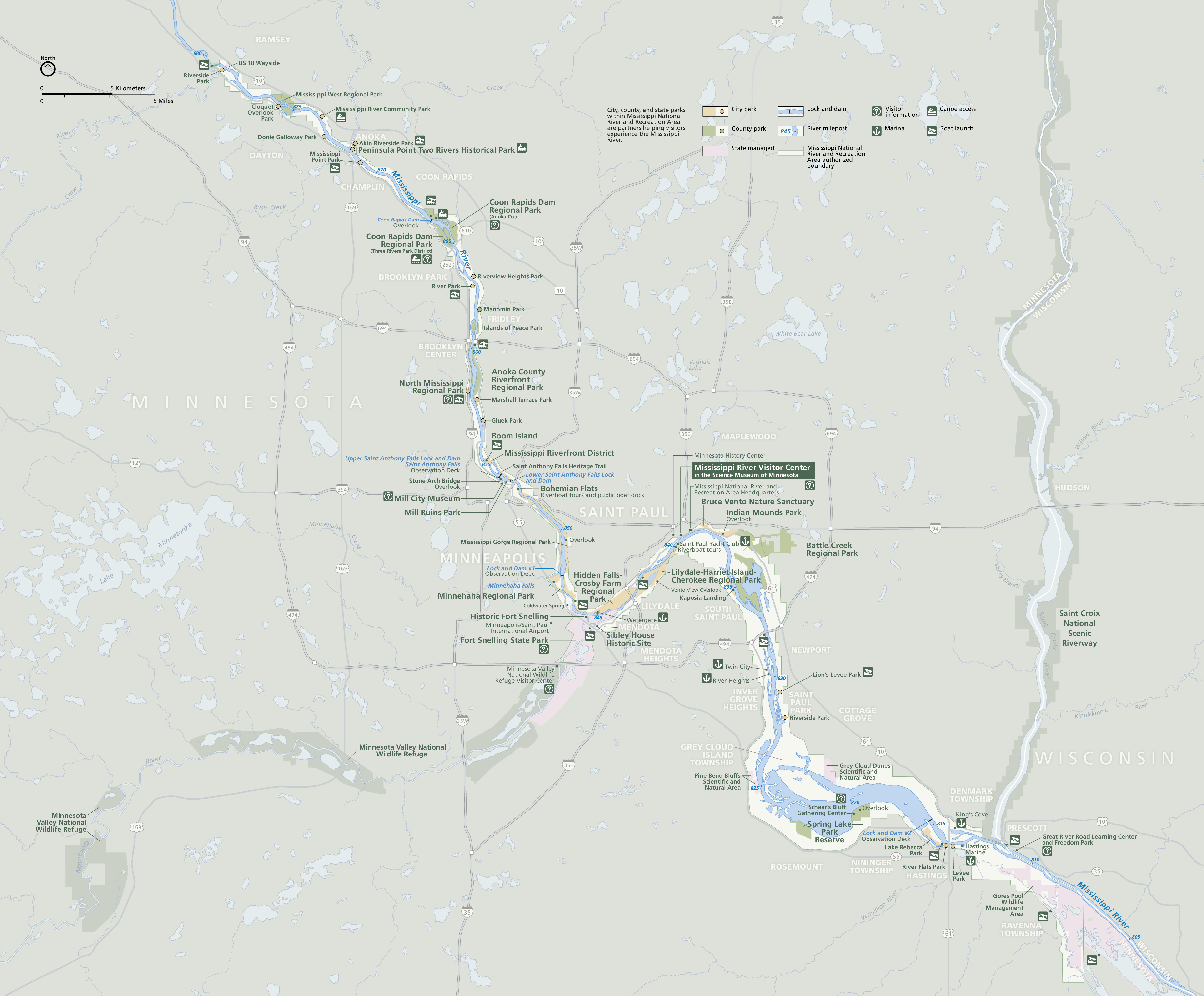 Map of Mississippi National River and Recreation Area in Minnesota. The Mississippi River ripples gently from near the top left corner of the map down into the bottom right corner. The river is shown in blue, other waterways in paler blue, parks in green or yellow, and the surrounding terrain in frosty green.