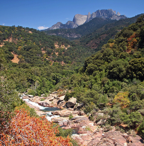 A river flows in the foreground, dense trees fill the frame with Caste Rocks in the background.