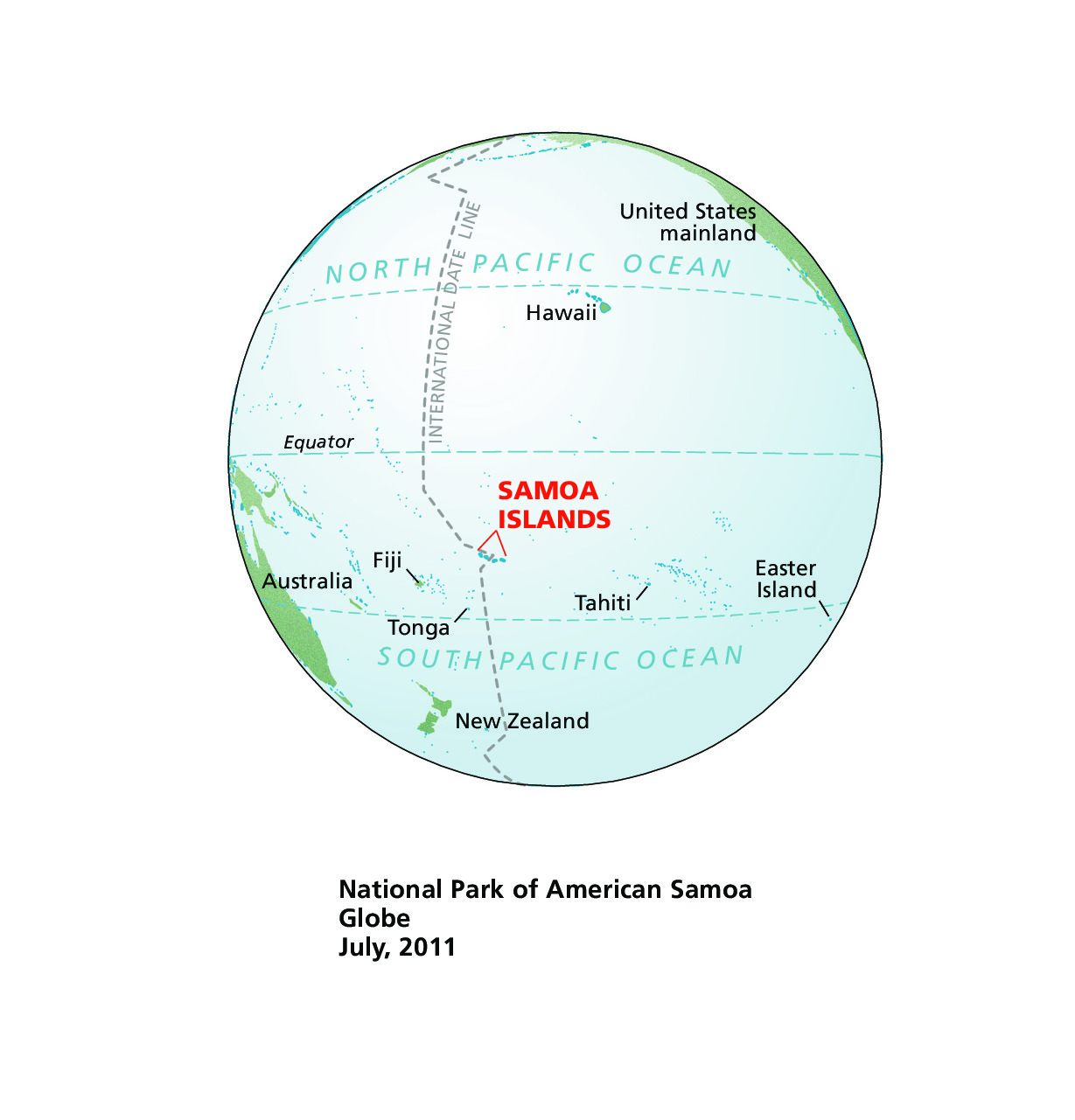 Locator globe for National Park of American Samoa is dated July 2011. Blue ocean waters cover the sphere, which is scattered with specks of blue and patches of green land.