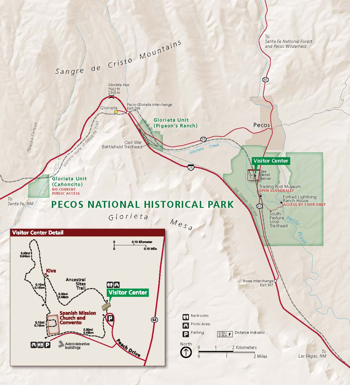 Map of Pecos National Historical Park in New Mexico. Three park areas are shown in green, the surrounding, craggy terrain in beige, and roads in red.
