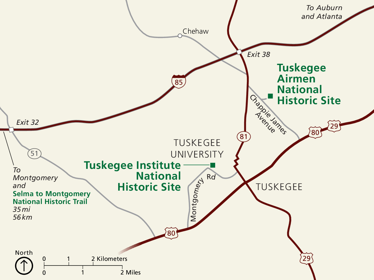 Area map of Tuskegee Airmen National Historic Site in Alabama. The park is found in the eastern third of the map, while the city of Tuskegee, Tuskegee University, and the Tuskegee Institute National Historic Site are west of the park, near the center of the map. The land is colored beige and the roads maroon red.