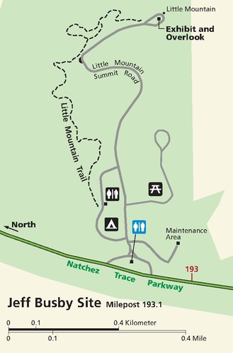 Map of Jeff Busby Site at milepost 193.1 in Mississippi. The site is shown in green, nearly filling the map with only strips of beige to the right and bottom.