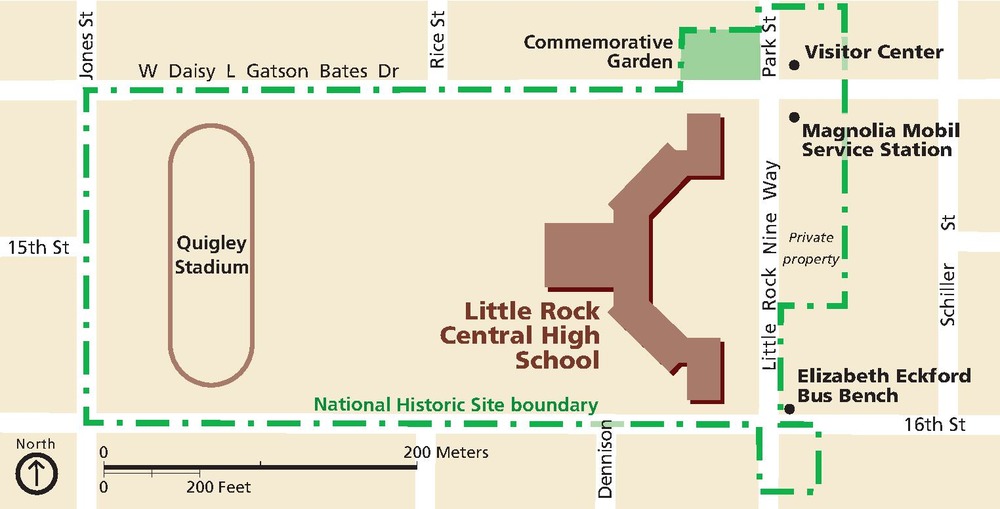 Map of Little Rock Central High School National Historic Site in Arkansas. The property including the building and Quigley Stadium at the west end of the lot spans five city blocks across and two city blocks high. The property is surrounded by a green National Historic Site boundary.