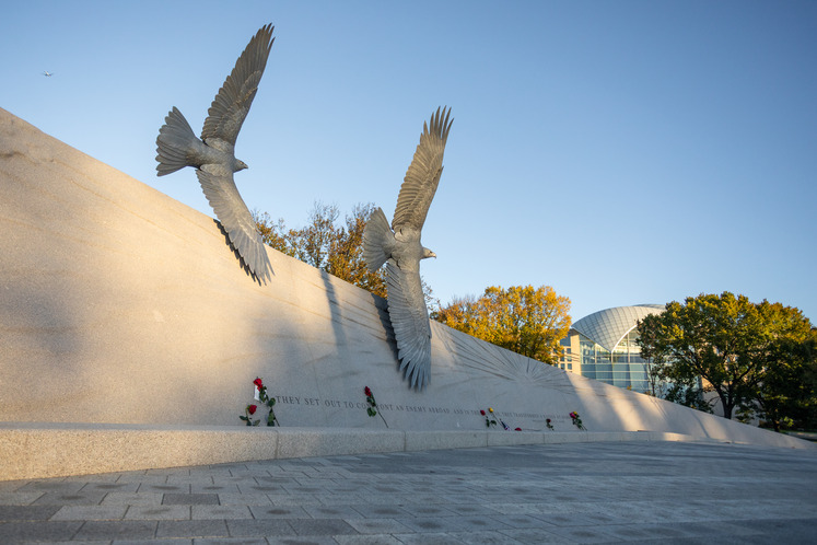 Two metal raptor sculptures mounted on a granite wall.