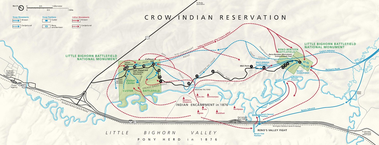 Map of Little Bighorn Battlefield National Monument in Montana. In the west central region of the map, the monument is shown as a green, roughly square area with amoebic appendages along the southern edge, which follows the snaking Little Bighorn River.