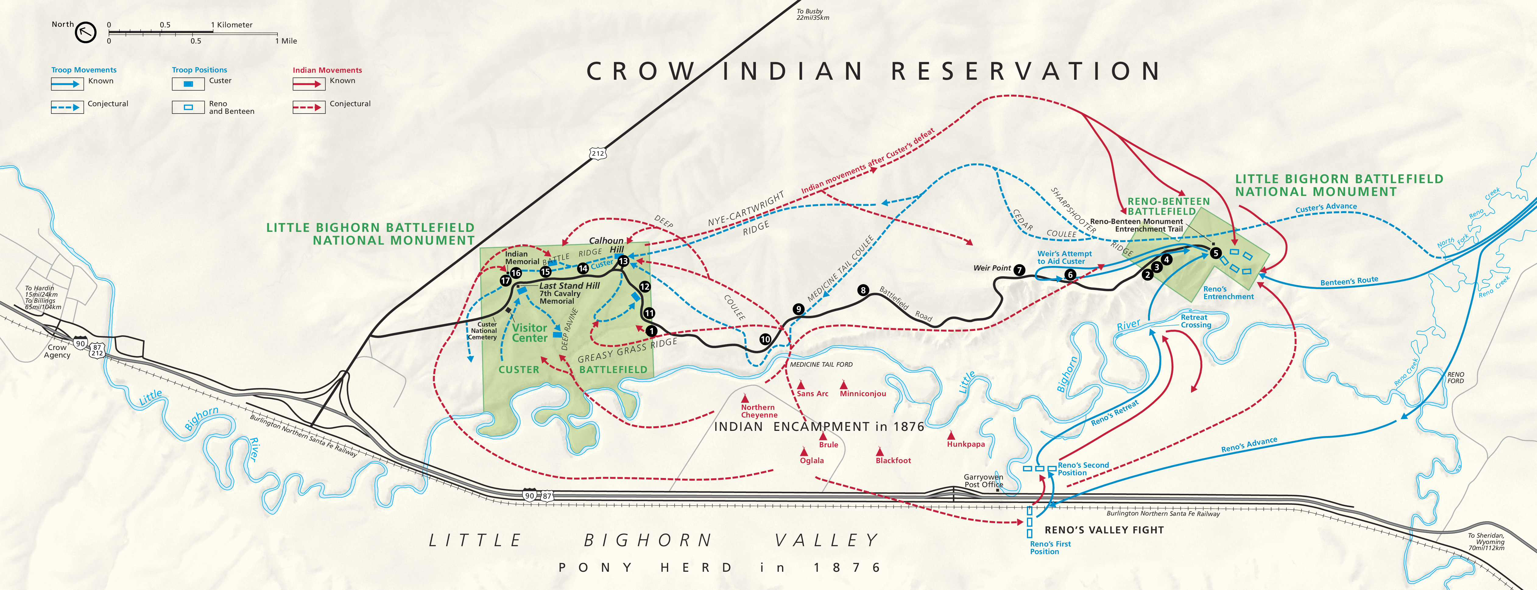 Map of Little Bighorn Battlefield National Monument in Montana. In the west central region of the map, the monument is shown as a green, roughly square area with amoebic appendages along the southern edge, which follows the snaking Little Bighorn River.