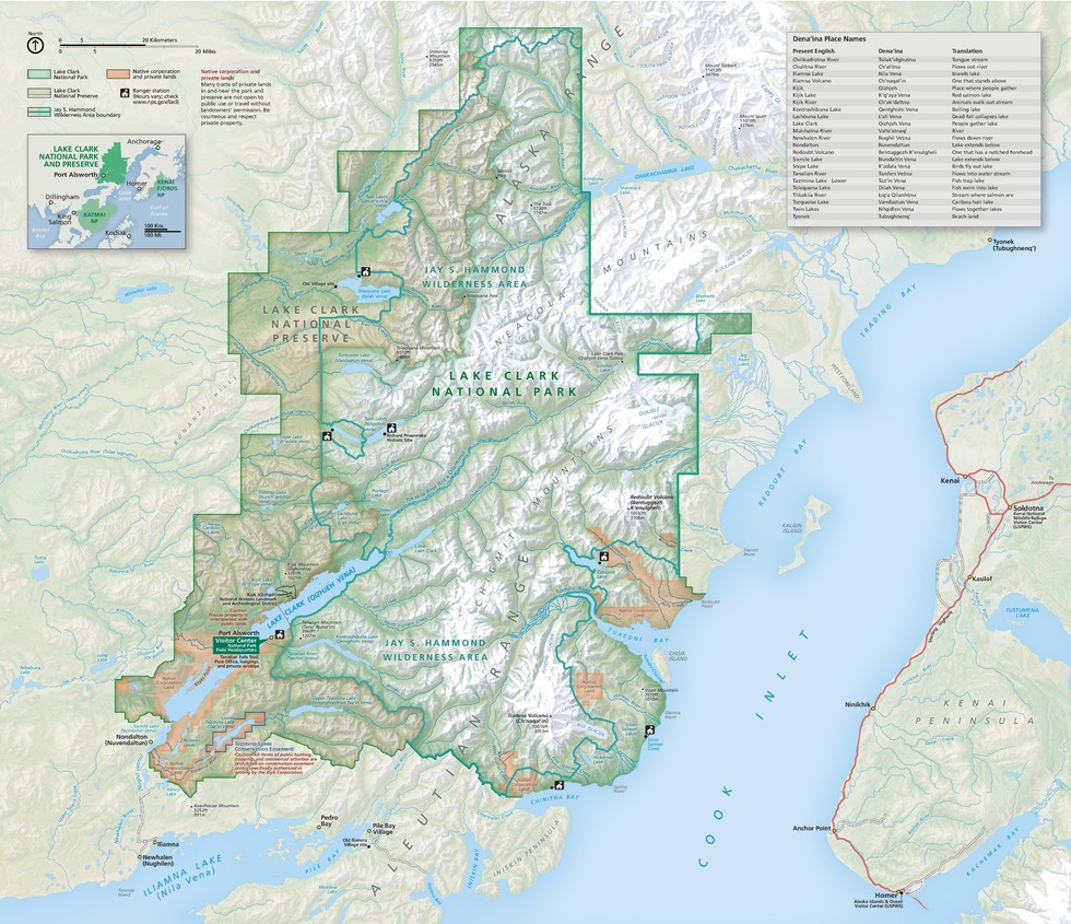 Map of Lake Clark National Park and Preserve in Alaska. Cook Inlet runs from near the bottom right corner to near the top right corner, separating the park from the Kenai Peninsula to the southeast. Lake Clark National Park is shaded mint green, Lake Clark National Preserve is lighter green along the northwest edge of the park, the mountains and ice fields are light gray, and the non-park land areas are tan.