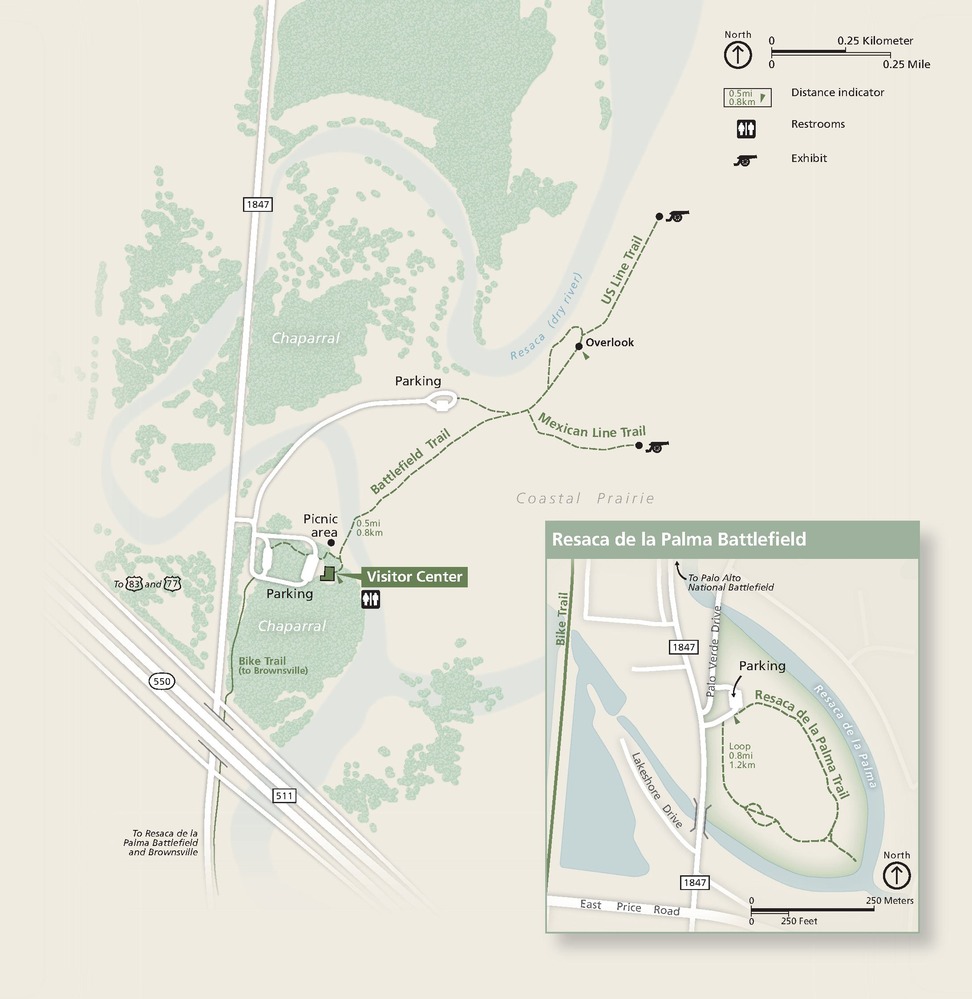Area map of Palo Alto Battlefield National Historical Park in Texas. Areas of chaparral are shaded green against the beige background, and Coastal Prairie is to the east. An inset map in the lower right shows Resaca de la Palma Battlefield.