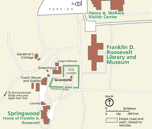 Map of the Home of Franklin D. Roosevelt National Historic Site in New York. A dozen brown building sites are spaced across the estate, which is otherwise shown in beige. Estate roads and paths are shown in white.