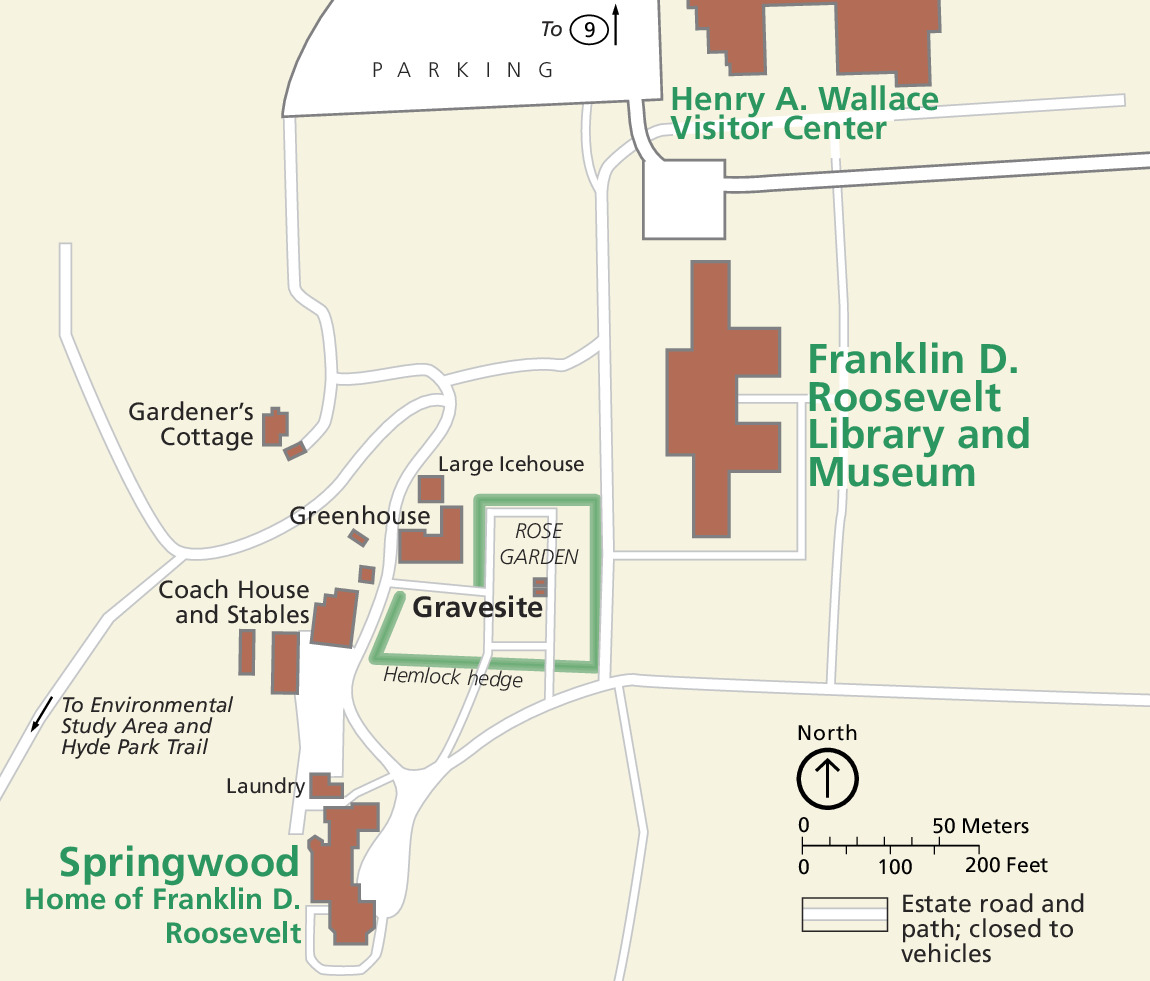 Map of the Home of Franklin D. Roosevelt National Historic Site in New York. A dozen brown building sites are spaced across the estate, which is otherwise shown in beige. Estate roads and paths are shown in white.