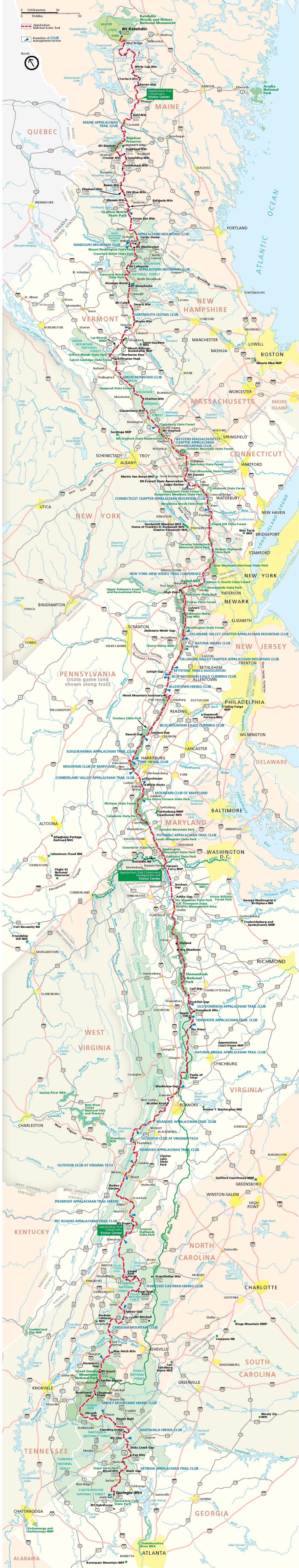 Map of the Appalachian National Scenic Trail, which stretches from Maine south through New Hampshire, Vermont, Massachusetts, Connecticut, New York, New Jersey, Pennsylvania, Maryland, West Virginia, Virginia, Tennessee, and North Carolina to end in Georgia.