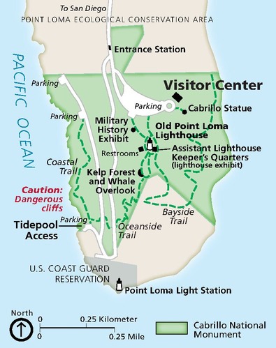 Map of Cabrillo National Monument in California. Taking up the middle horizontal zone of a peninsula in this cropped view, the park is shown in green. The surrounding terrain is tan except for the area of the U.S. Coast Guard Reservation along the southwestern tip, which is gray. The surrounding Pacific Ocean is blue. 