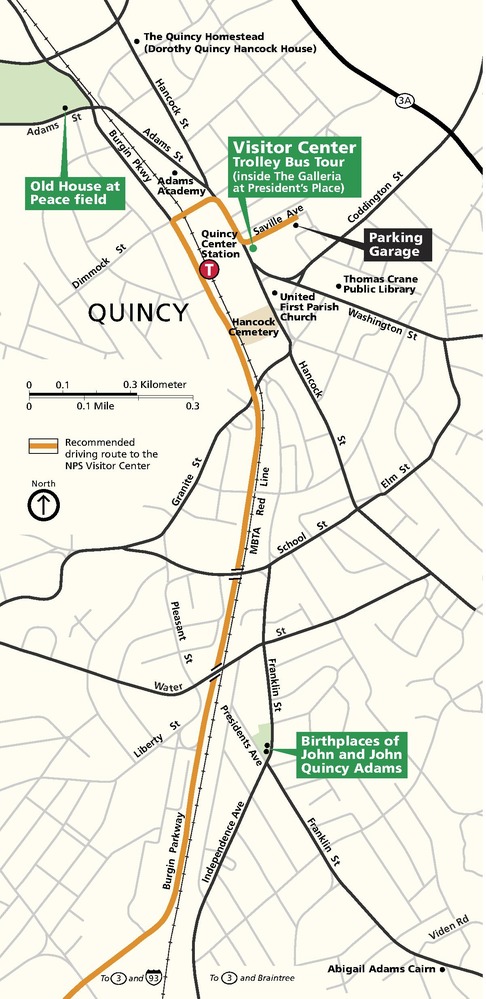 Map of Adams National Historical Park in Quincy, Massachusetts. Three green callout boxes line an orange path representing the Recommended driving route to the National Park Service Visitor Center. Park areas are shown in green, the surrounding areas in eggshell white, and the main roads in black.