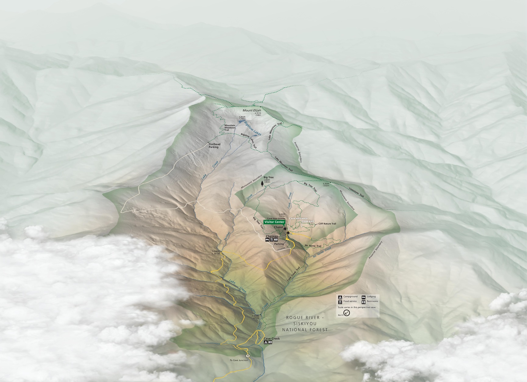 Three-dimensional perspective map of Oregon Caves National Monument (NM) and Preserve in Oregon. Mountainous terrain has trails represented by green dashed lines, creeks represented by blue solid lines, and roads represented by yellow or white lines.