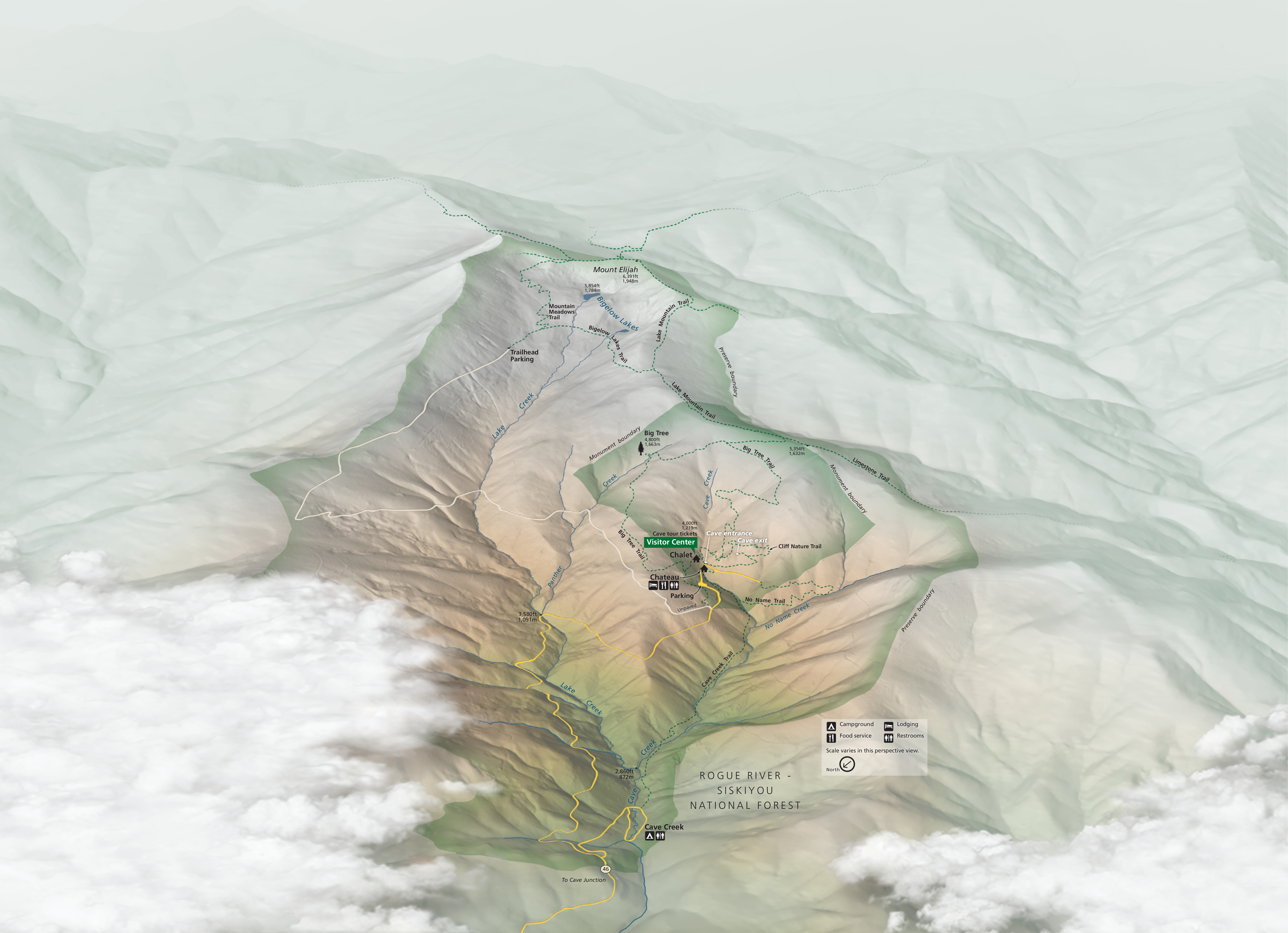 Three-dimensional perspective map of Oregon Caves National Monument (NM) and Preserve in Oregon. Mountainous terrain has trails represented by green dashed lines, creeks represented by blue solid lines, and roads represented by yellow or white lines.