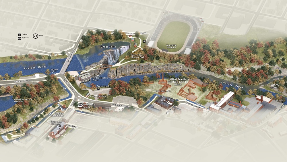 3D map of Paterson Great Falls National Historical Park in New Jersey. The Passaic River cuts across the center of the map. The river and surrounding park areas are rendered in full color. Outlying areas are shown as faded tan.