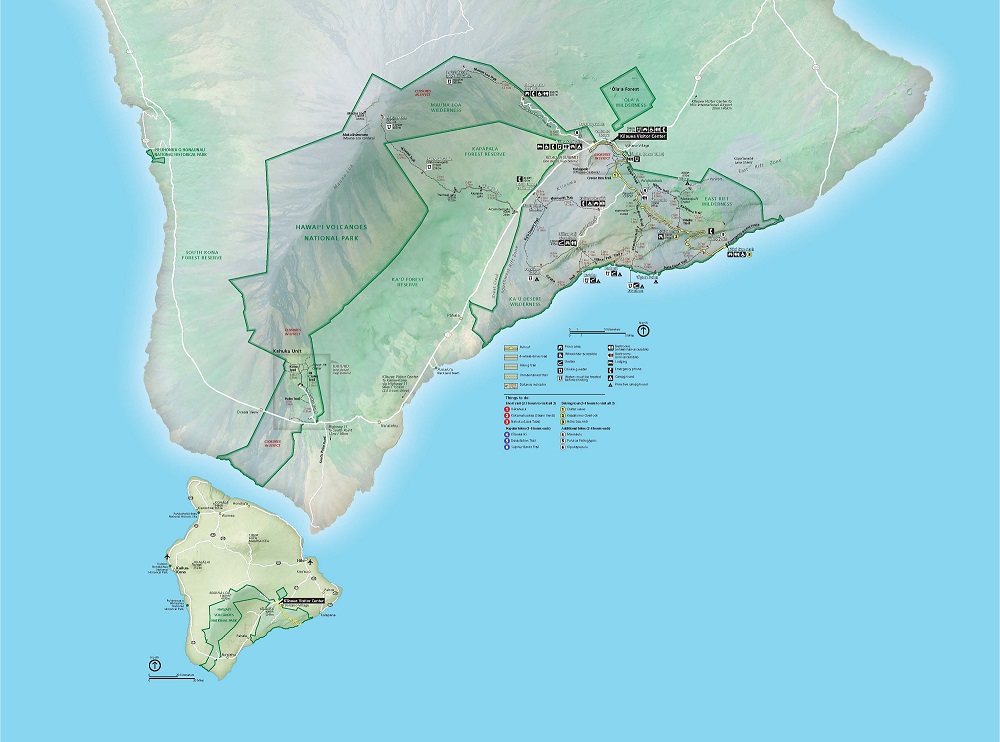 Map of Hawaiʻi Volcanoes National Park in Hawaii. Parks, wildernesses, and reserve areas are outlined in green along the southern coastline of the Island of Hawaiʻi, and the surrounding terrain is shaded pale green and frosty gray to represent the island’s forests, deserts, and volcanic zones.