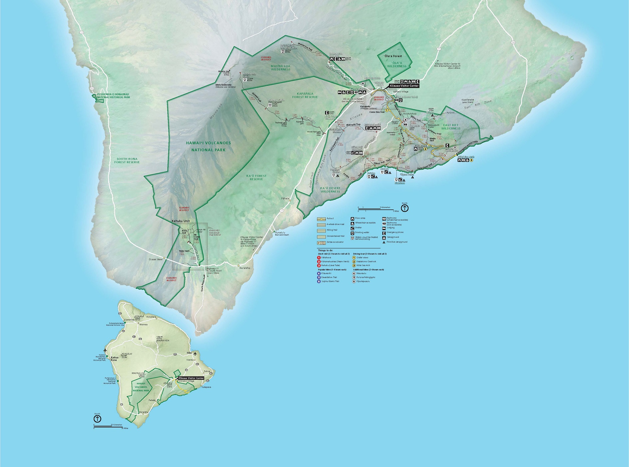 Map of Hawaiʻi Volcanoes National Park in Hawaii. Parks, wildernesses, and reserve areas are outlined in green along the southern coastline of the Island of Hawaiʻi, and the surrounding terrain is shaded pale green and frosty gray to represent the island’s forests, deserts, and volcanic zones.
