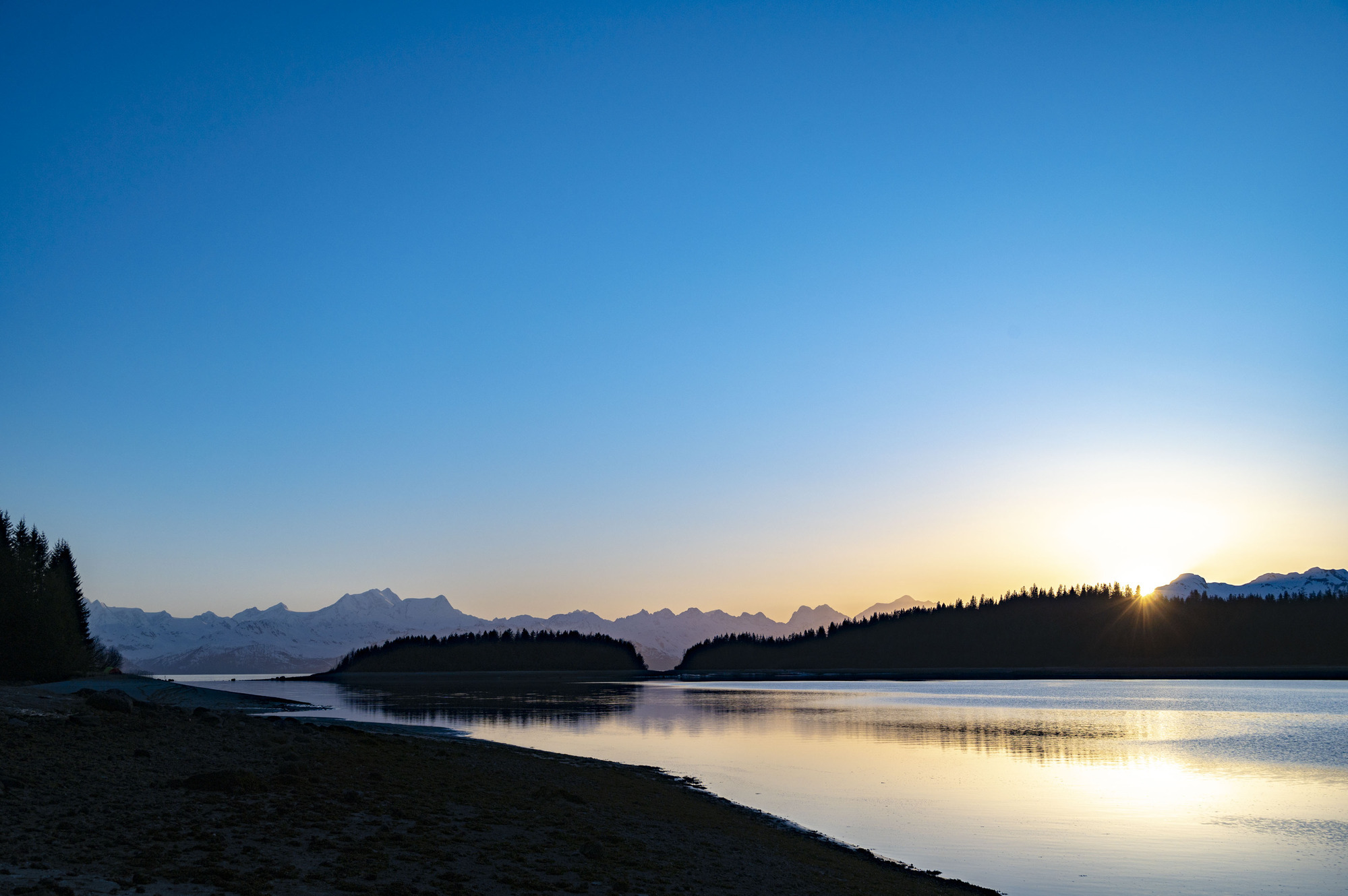 A sunset in a perfectly blue sky that fades to a soft orange where the sun meets trees and mountains at the horizon.