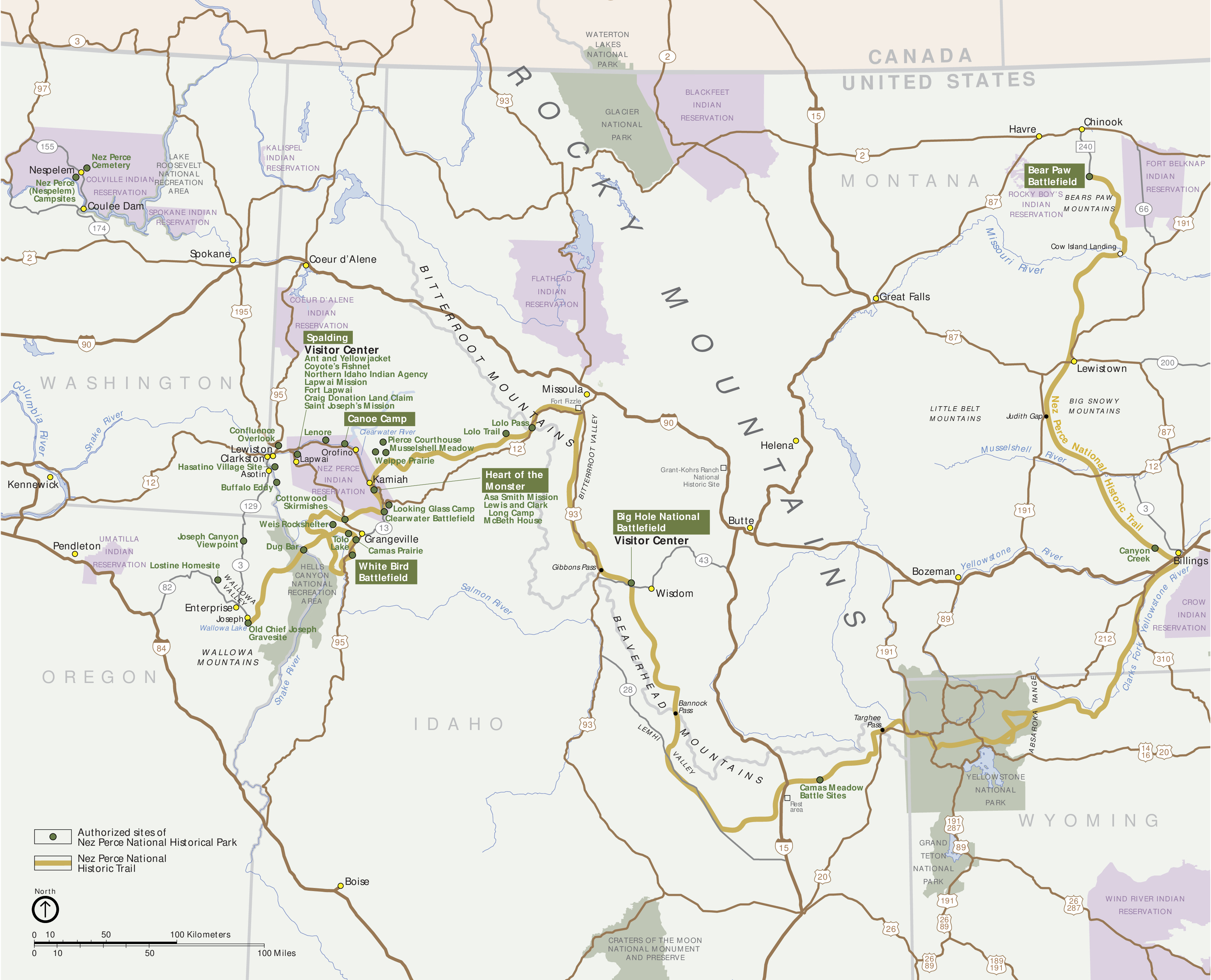 Map of the Nez Perce National Historic Trail, which travels from Oregon through Idaho, Wyoming, and Montana. The trail is shown in dark yellow, park areas in green, reservations in purple, roads in dark brown, and surrounding areas in off white.