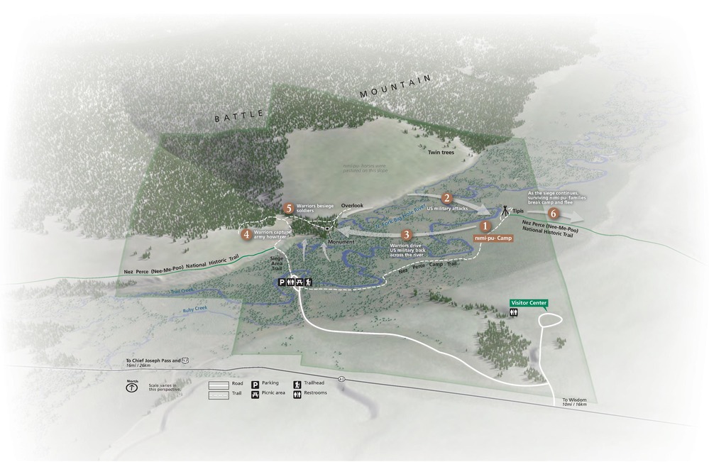 3D oblique map of Big Hole National Battlefield in Montana. Rendered in shades of green with creeks and rivers in blue, the park is roughly keystone-shaped, and the regions beyond the park boundaries fade toward the perimeter.