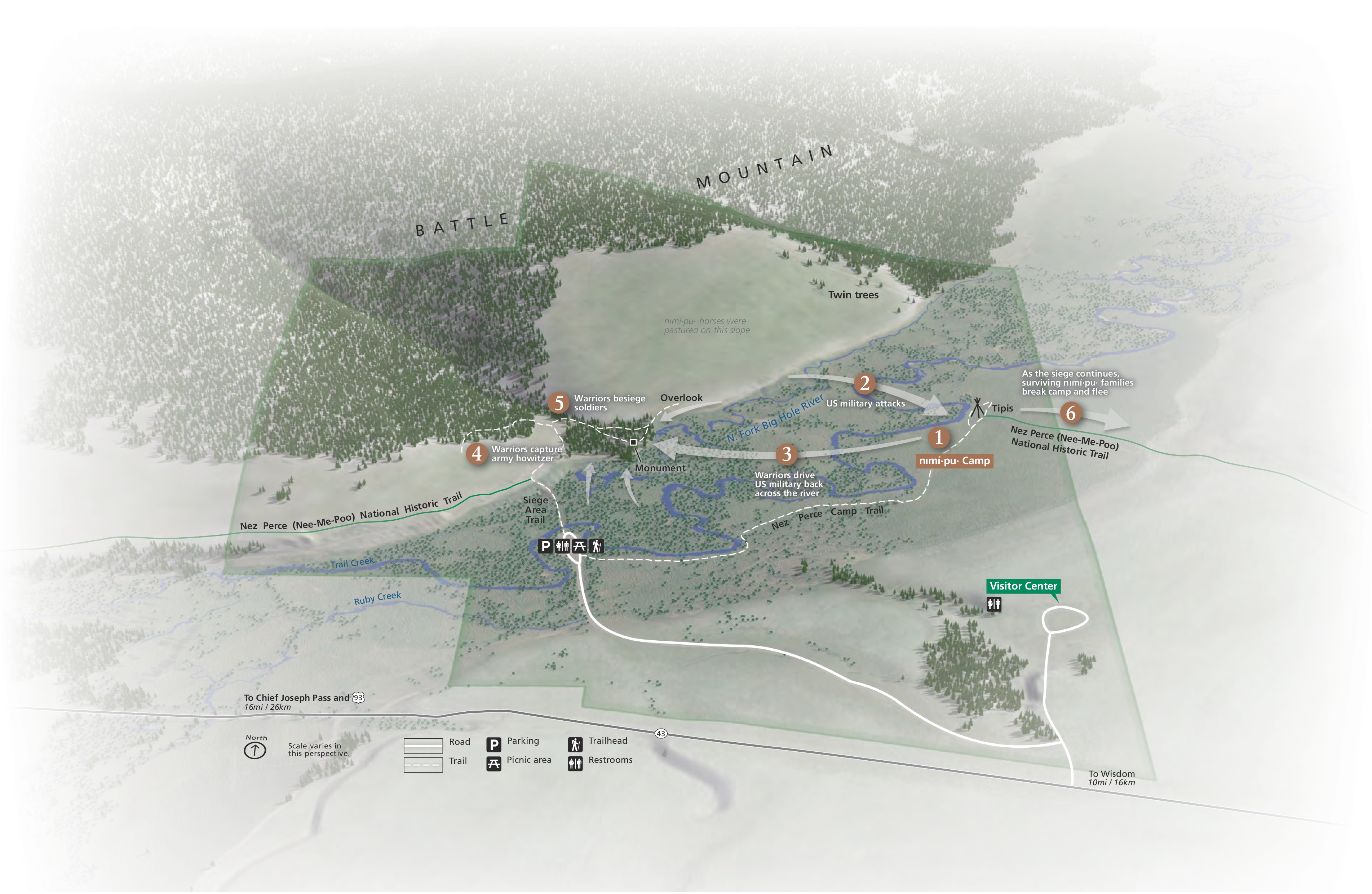3D oblique map of Big Hole National Battlefield in Montana. Rendered in shades of green with creeks and rivers in blue, the park is roughly keystone-shaped, and the regions beyond the park boundaries fade toward the perimeter.