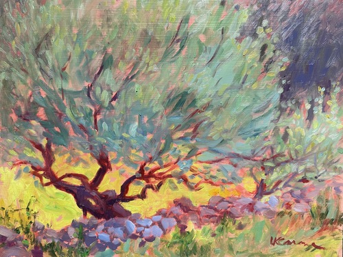 An oil painting of an apple tree behind a stone wall, with a smaller apple tree on the right side of it.