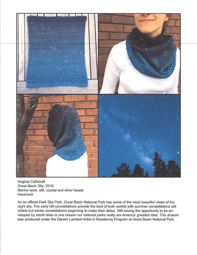 4 color images arranged in a square, each of the same size. Upper left: Image depicts the woven fabric of blues, transitioning from a lighter at bottom to darker at top, interspersed with beads of white/clear creating constellations. Upper Right: Person in white shirt stands in front of a brick wall wearing the garment around their neck, with darker blue higher up on the garment. Lower Left: Person in white shirt stands in front of a brick wall, wearing the garment around their head, facing away. Lower Right: An image of the milky way galaxy in Great Basin, consisting of deep and cool blues, a distinctive streak of the milky way, and various stars and constellations. Dark silhouetted trees stand in the very bottom, poking their canopies into the image.