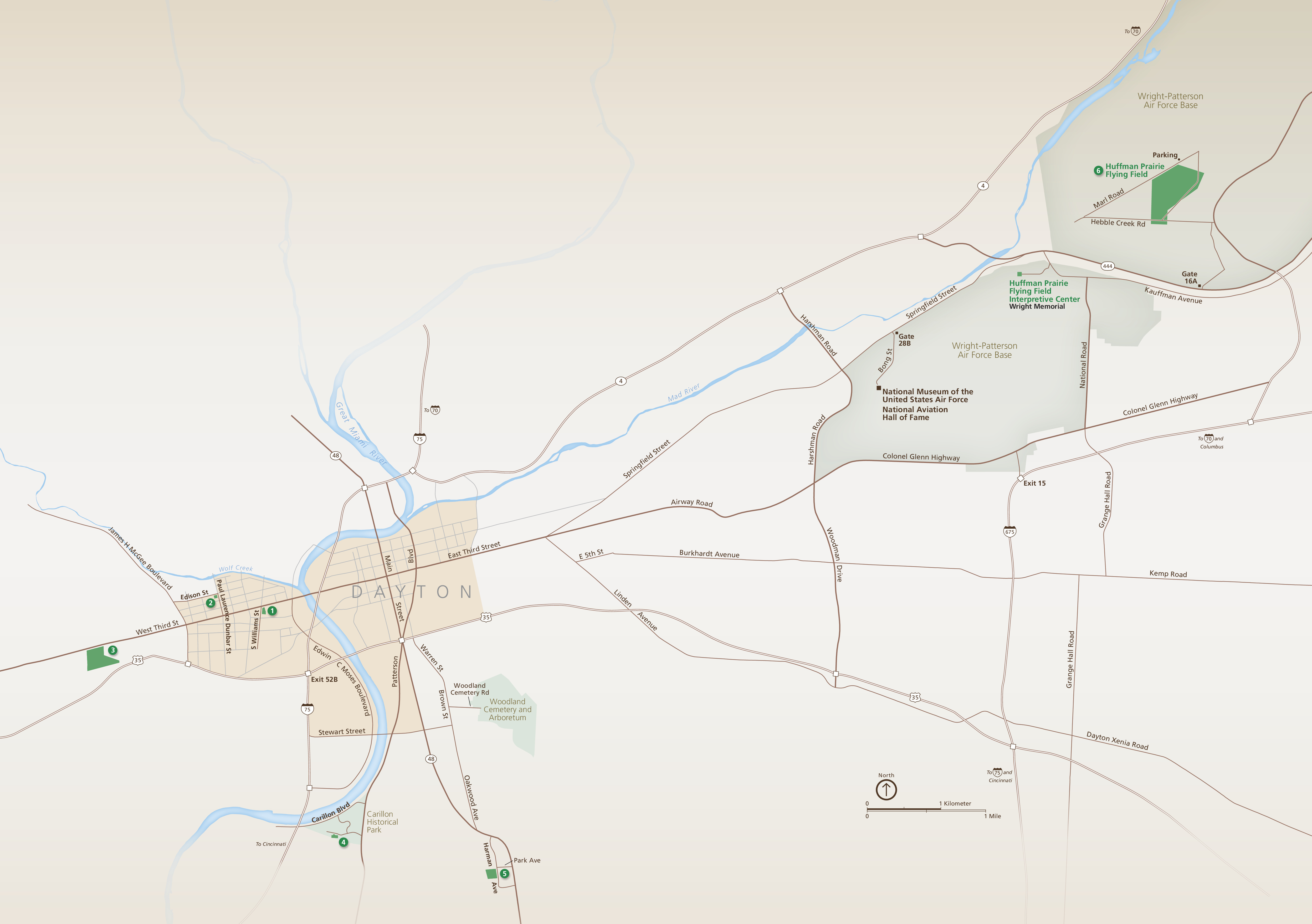 Map of Dayton Aviation Heritage National Historical Park in Ohio. Park sites are shown in green in and around Dayton, which is shaded tan. The blue Great Miami River winds down Dayton, and the Mad River trails out northeast. Roads represented by brown lines spray outward east of Dayton.