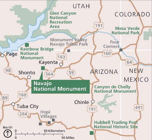 Map of the area around Navajo National Monument in Arizona. Most of the Four Corners region is tan-colored, with about a dozen parks, monuments, and sites marked in green. Brown roads create a web across the map.
