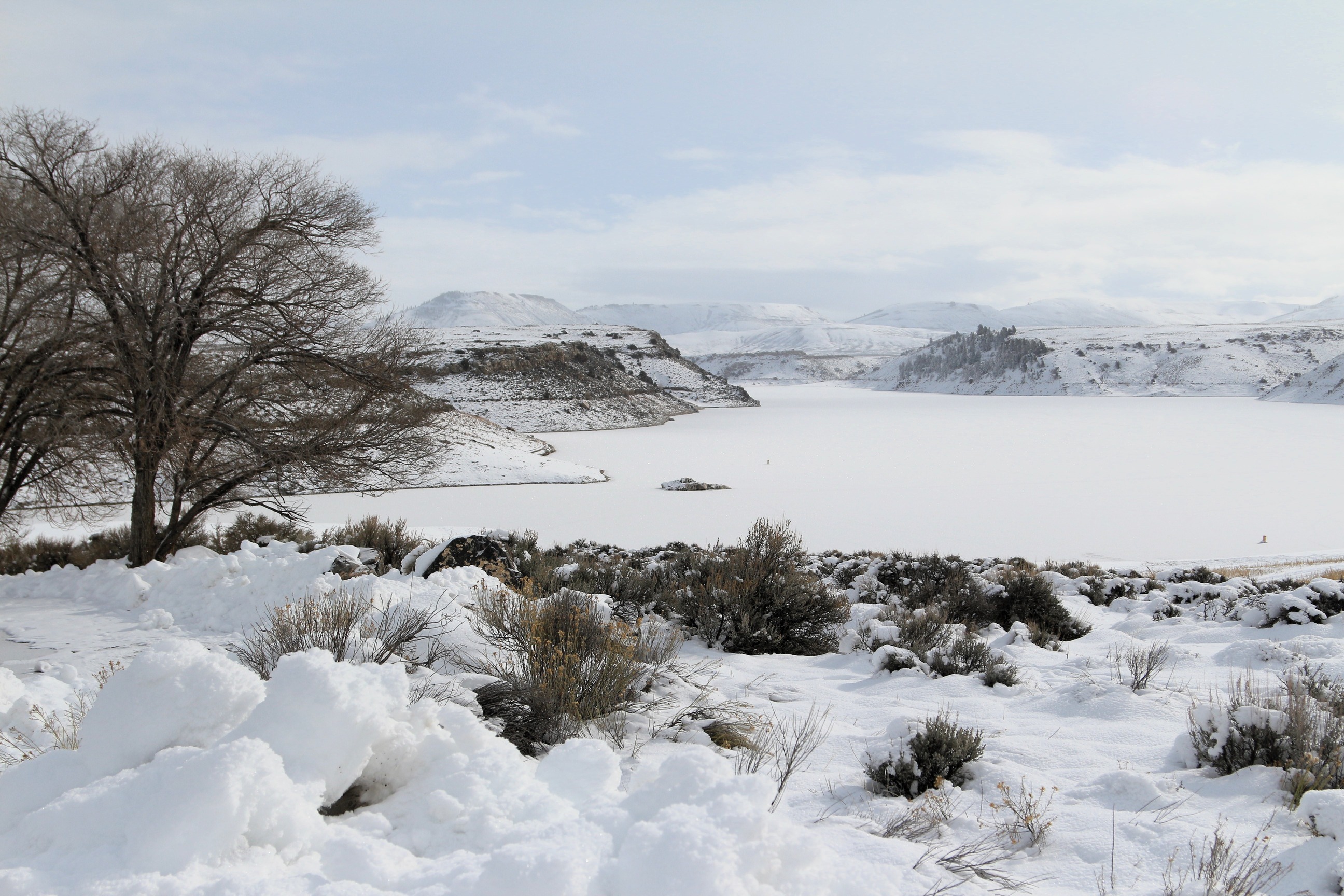 Snow covers a thin layer of ice over a large body of water in early winter. More snow is on the shorelines and sagebrush above the reservoir. Mesas surround the water and also have an uneven layer of snow.