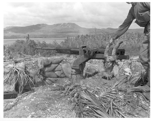 A large machine gun is mounted behind sandbags overlooking a bay lined with hills.