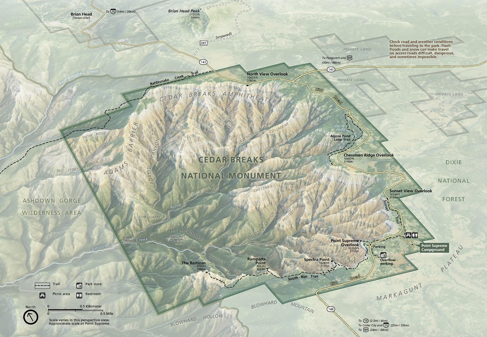 Map of Cedar Breaks National Monument in Utah. The monument is roughly square with shallowly stepped edges. Terrain is shown in green, tan, and beige within the park and faded versions of those colors outside the park.